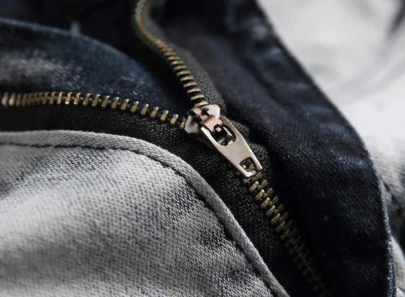 Men's blue and white faded cotton denim jeans with distressed worn finish, straight leg style