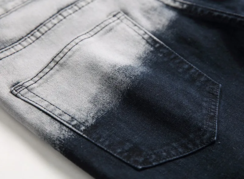 Men's blue and white faded cotton denim jeans with distressed worn finish, straight leg style