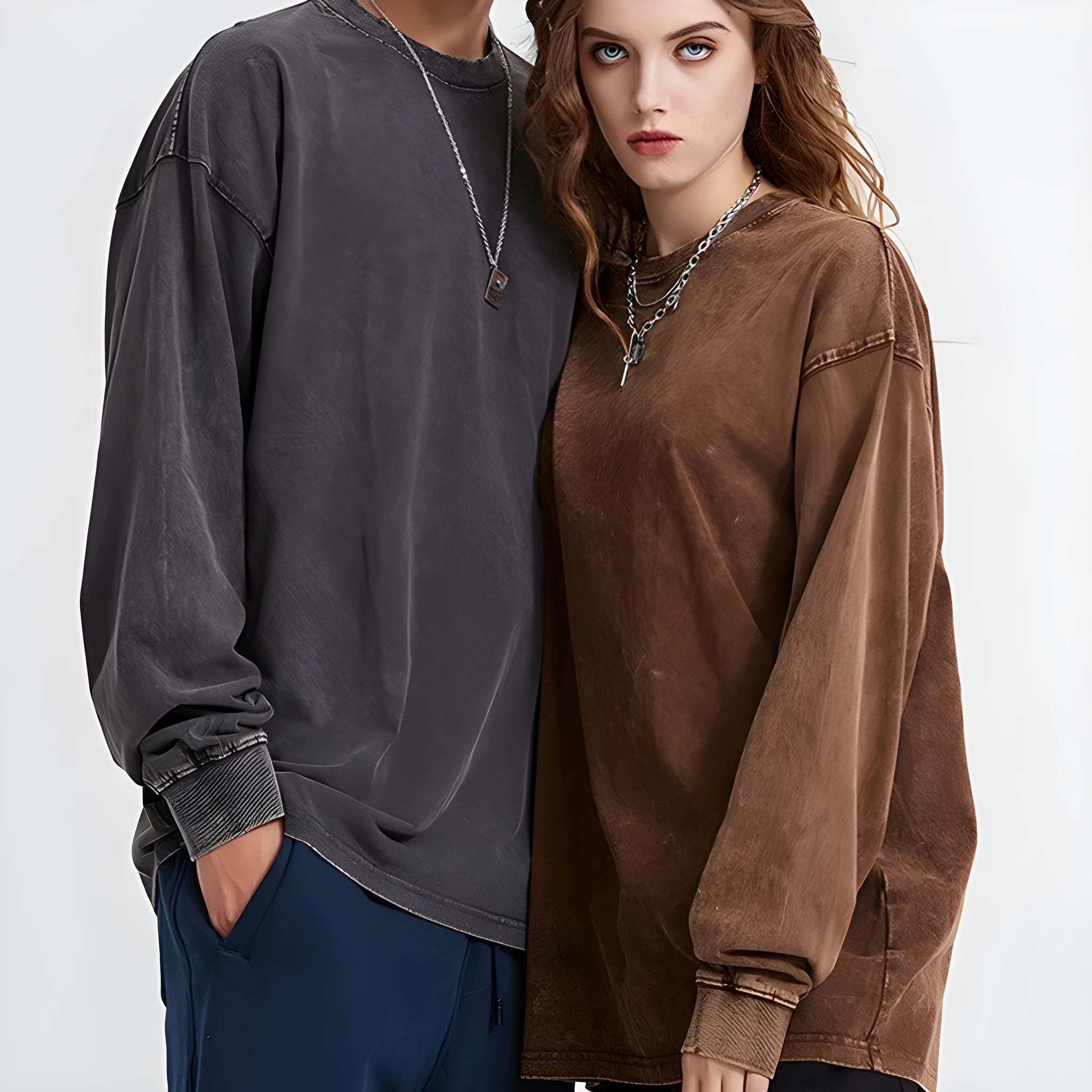 Man wearing a loose-fit batik print long sleeve cotton pullover top in a vintage washed colour.
