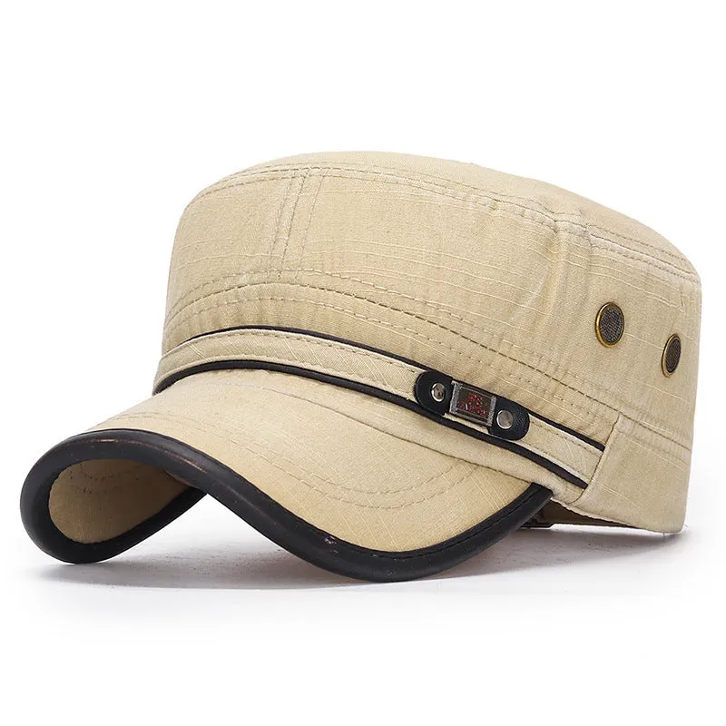 Distressed flat-top leather-trimmed cotton hat in army green on neutral background
