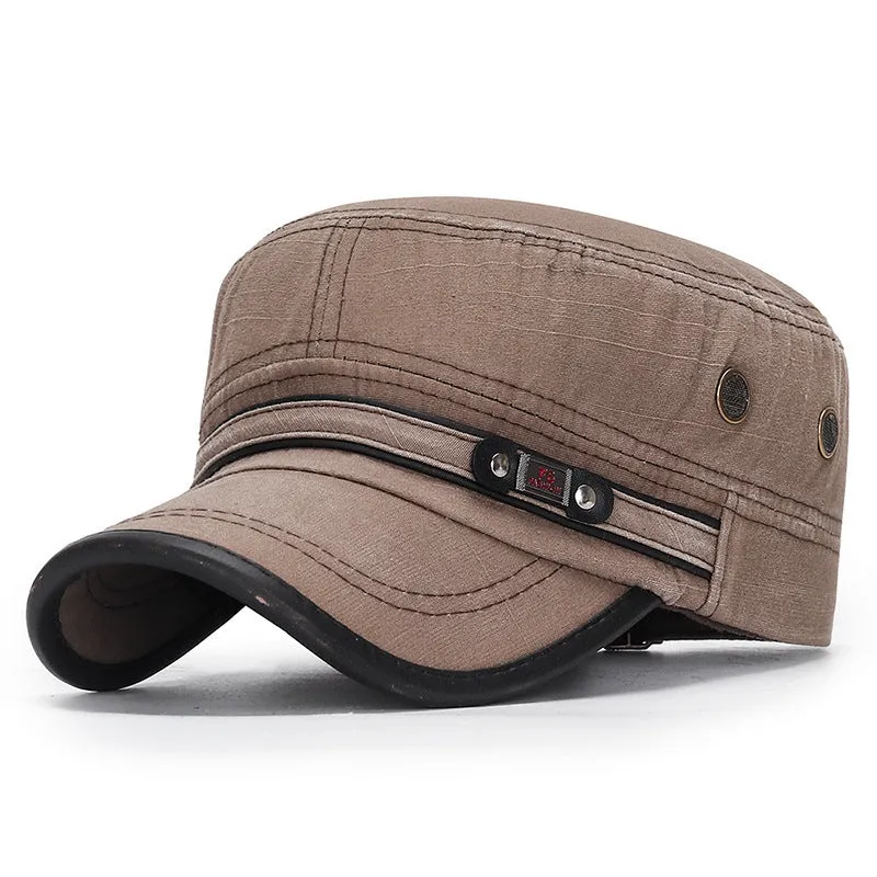 Distressed flat-top leather-trimmed cotton hat in army green on neutral background