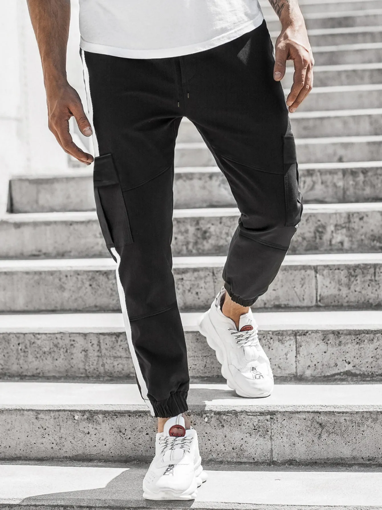 Men's casual leather effect trousers in khaki, micro-elastic polyester, mid waist zipper placket