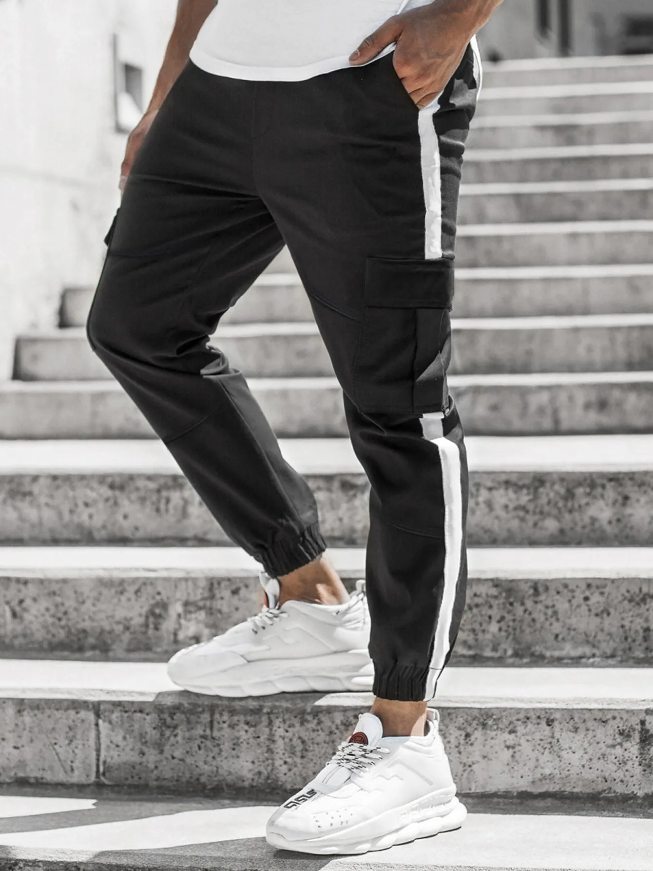 Men's casual leather effect trousers in khaki, micro-elastic polyester, mid waist zipper placket