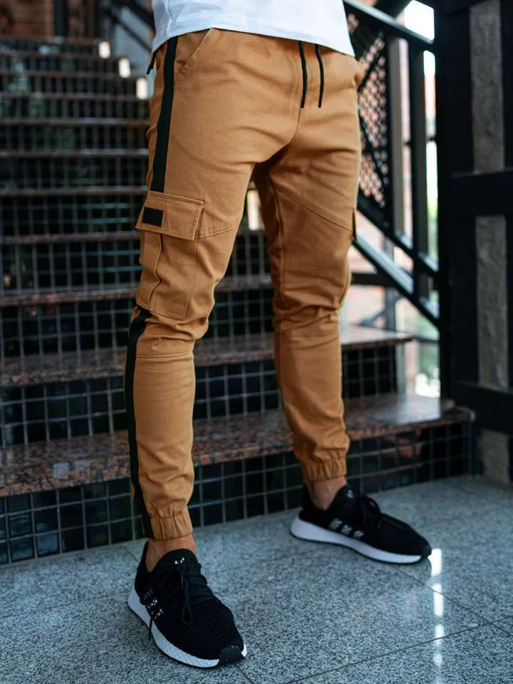 Men's casual leather effect trousers in khaki, micro-elastic polyester, mid waist zipper placket