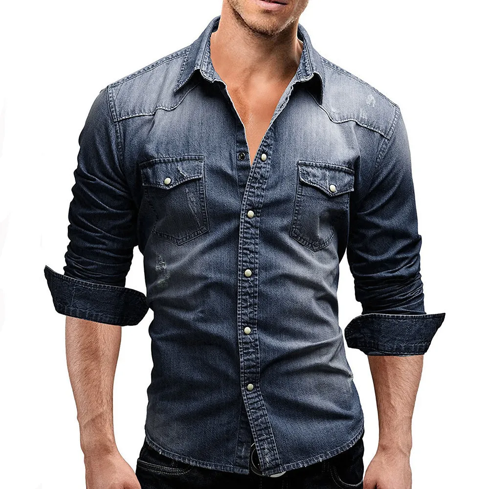 Men's cotton blend slim fit long sleeve solid colour casual shirt in blue, size M