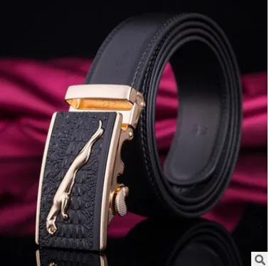 Men's automatic belt in black cowhide leather with gold buckle, 3.55cm width, 110-130cm length