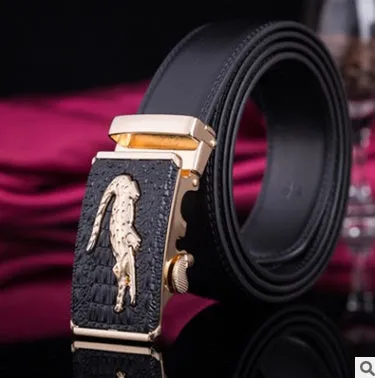 Men's automatic belt in black cowhide leather with gold buckle, 3.55cm width, 110-130cm length