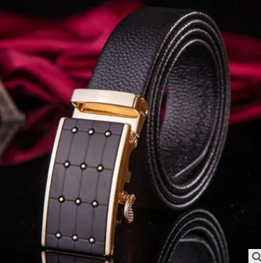 Men's automatic belt in black cowhide leather with gold buckle, 3.55cm width, 110-130cm length
