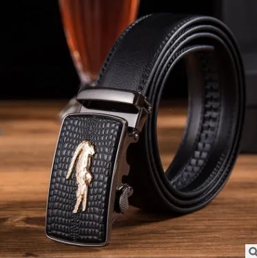 Men's automatic belt in black cowhide leather with gold buckle, 3.55cm width, 110-130cm length