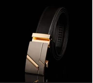Men's automatic belt in black cowhide leather with gold buckle, 3.55cm width, 110-130cm length