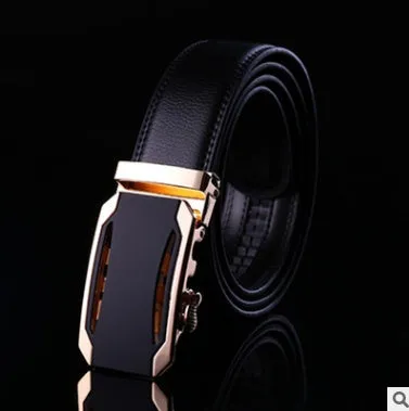 Men's automatic belt in black cowhide leather with gold buckle, 3.55cm width, 110-130cm length