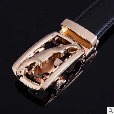 Men's automatic belt in black cowhide leather with gold buckle, 3.55cm width, 110-130cm length