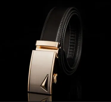 Men's automatic belt in black cowhide leather with gold buckle, 3.55cm width, 110-130cm length