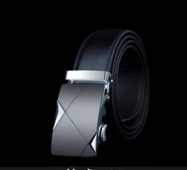 Men's automatic belt in black cowhide leather with gold buckle, 3.55cm width, 110-130cm length