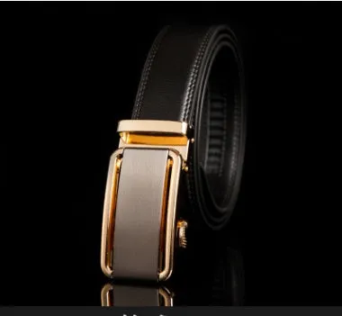 Men's automatic belt in black cowhide leather with gold buckle, 3.55cm width, 110-130cm length