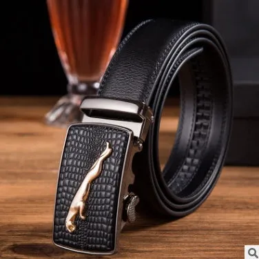 Men's automatic belt in black cowhide leather with gold buckle, 3.55cm width, 110-130cm length