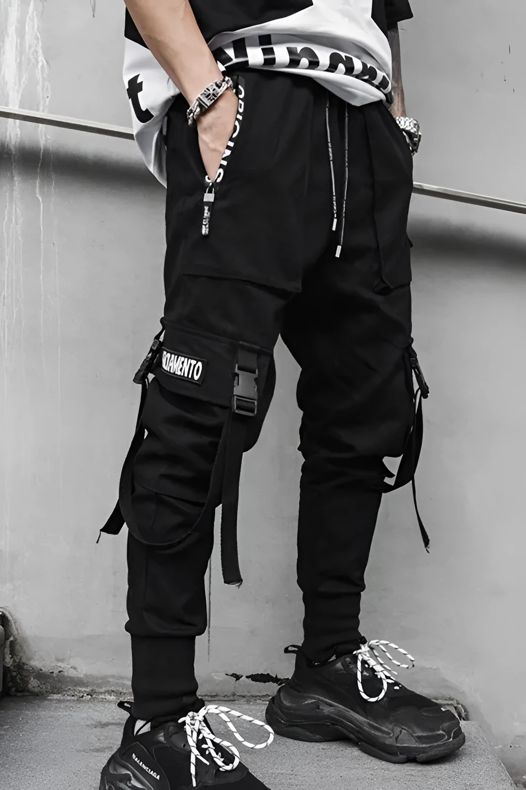 Men's black casual cone-type hip hop trousers, mid-waist, no belt, Asian sizing M-2XL