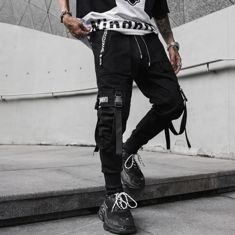 Men's black casual cone-type hip hop trousers, mid-waist, no belt, Asian sizing M-2XL
