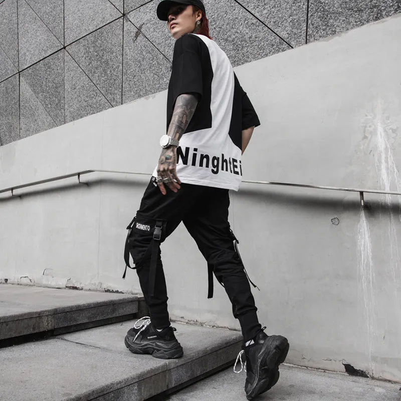 Men's black casual cone-type hip hop trousers, mid-waist, no belt, Asian sizing M-2XL