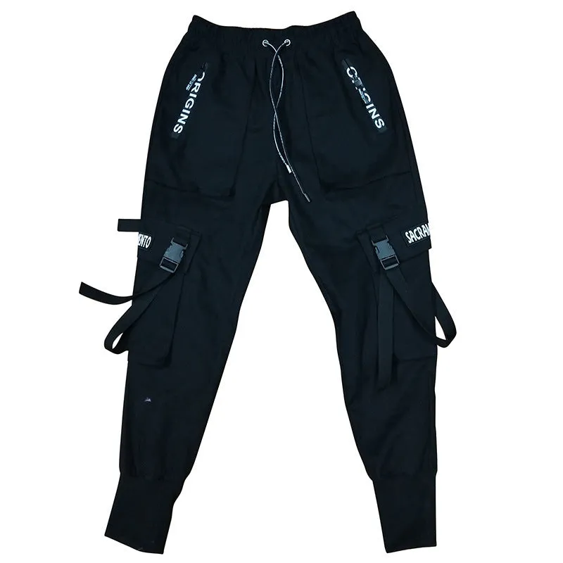 Men's black casual cone-type hip hop trousers, mid-waist, no belt, Asian sizing M-2XL