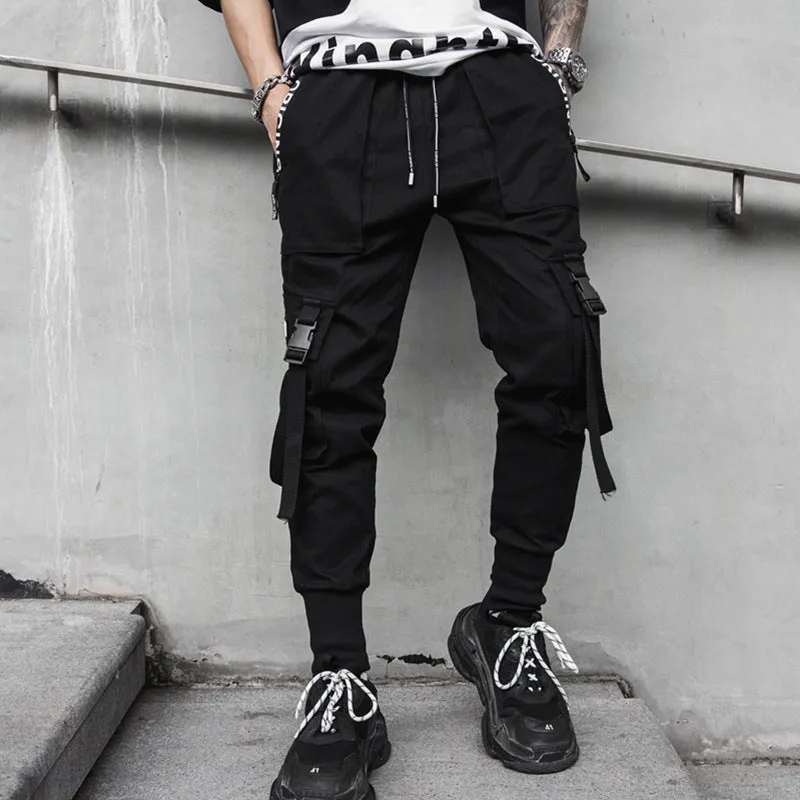 Men's black casual cone-type hip hop trousers, mid-waist, no belt, Asian sizing M-2XL