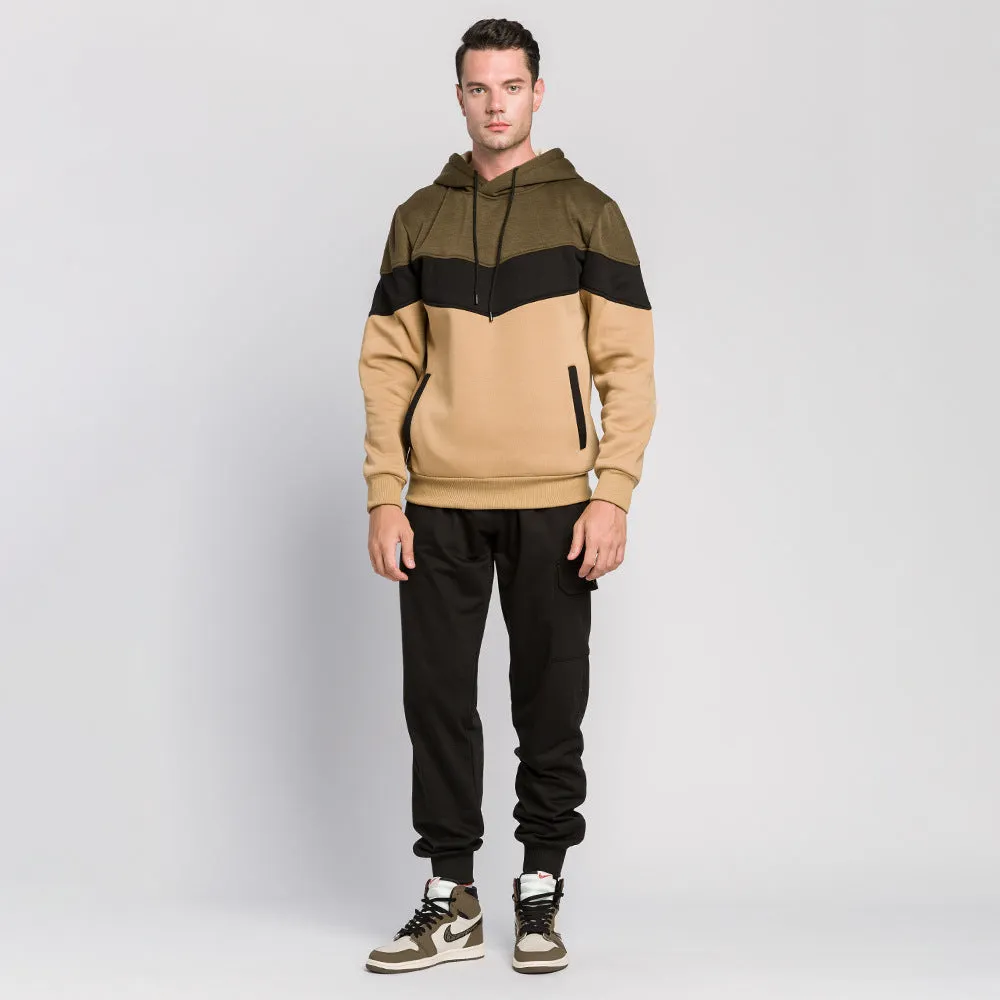 Men's solid colour thickened polyester oversized pullover hoodie with hood, long sleeves, round neck, loose fit, spring autumn casual wear, available in army green.