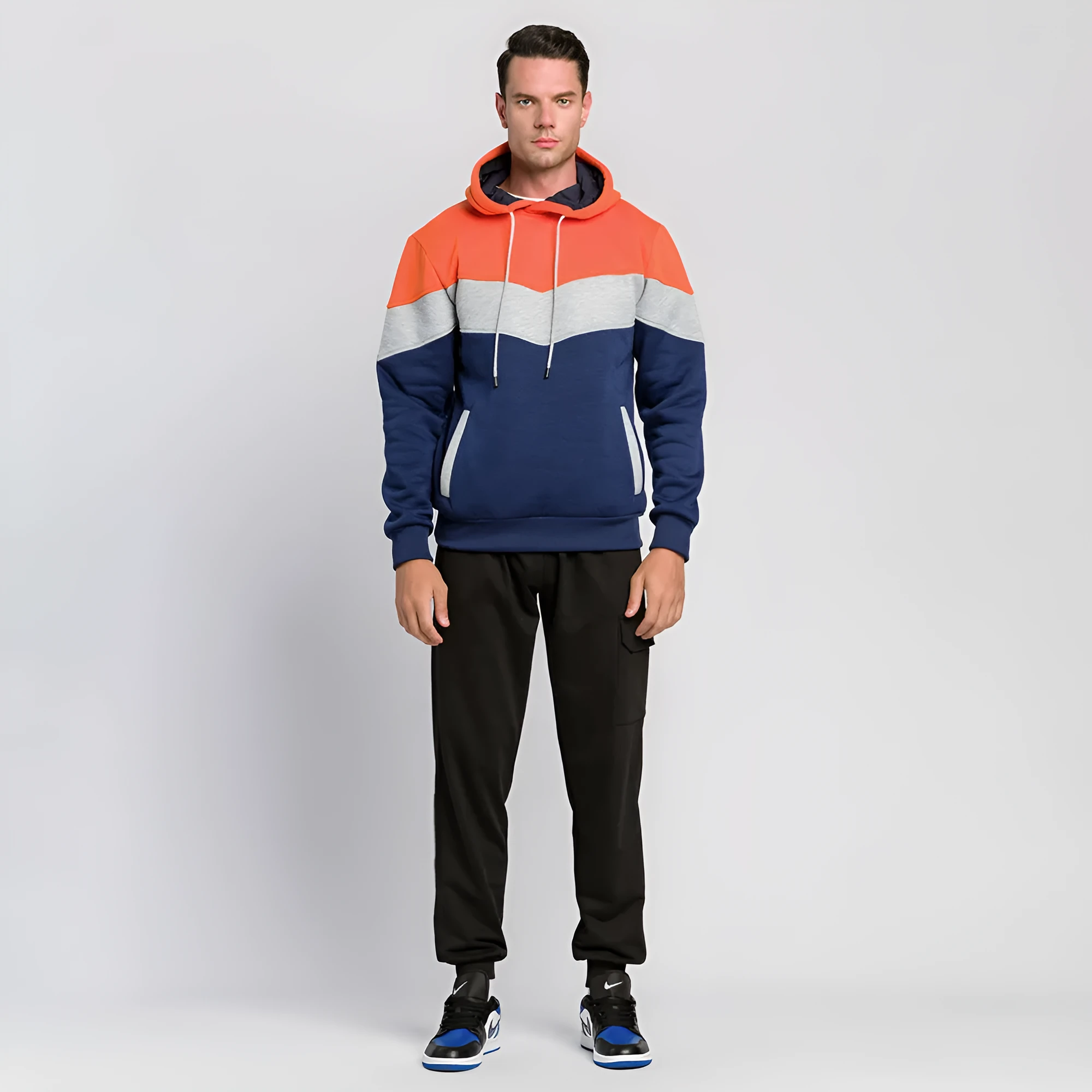 Men's solid colour thickened polyester oversized pullover hoodie with hood, long sleeves, round neck, loose fit, spring autumn casual wear, available in army green.