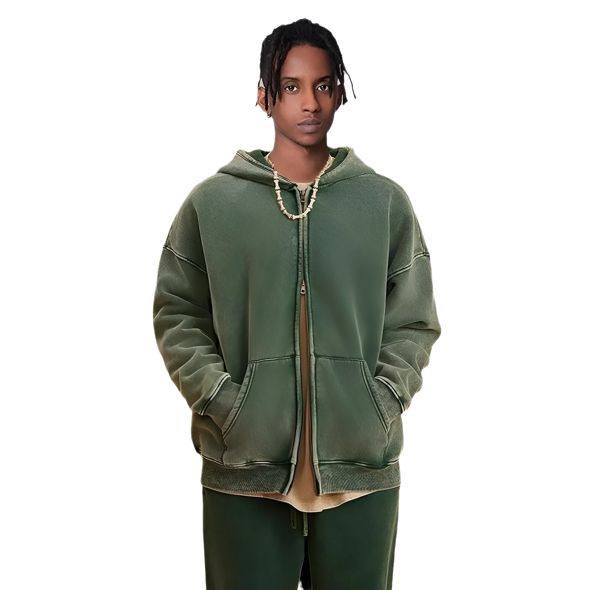 Man wearing a washed black cotton fleece-lined hooded cardigan with a double zipper front.