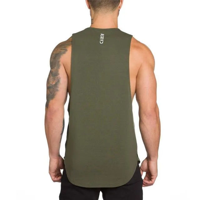 Men's breathable polyester gym tank top in Army Green with contrast trim, sleeveless cut for bodybuilding training