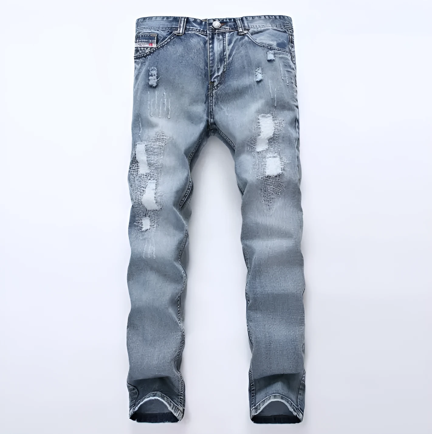 Mens light blue ripped slim fit jeans with distressed denim