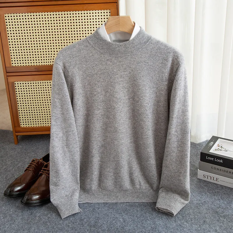 Men's loose-fit half-collar wool sweater in coarse knit yarn, shown in a camel colour.