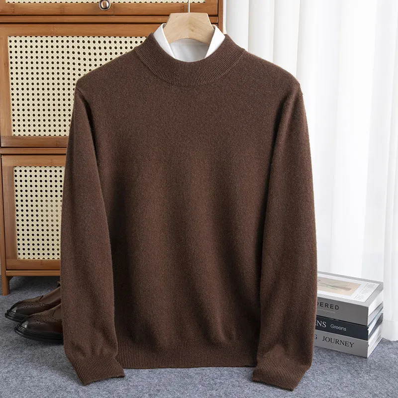 Men's loose-fit half-collar wool sweater in coarse knit yarn, shown in a camel colour.