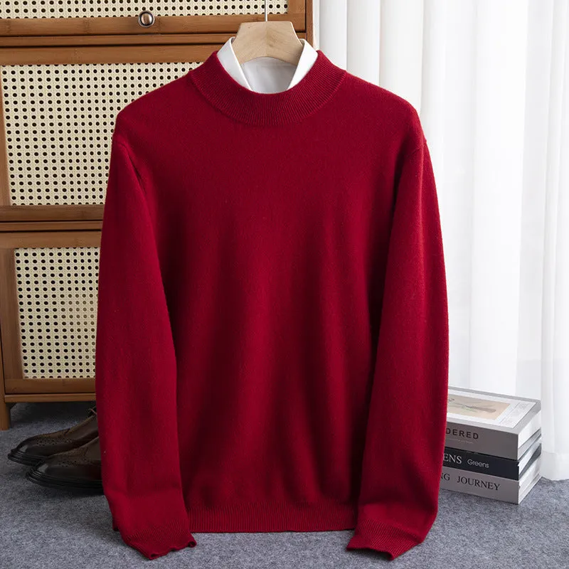 Men's loose-fit half-collar wool sweater in coarse knit yarn, shown in a camel colour.