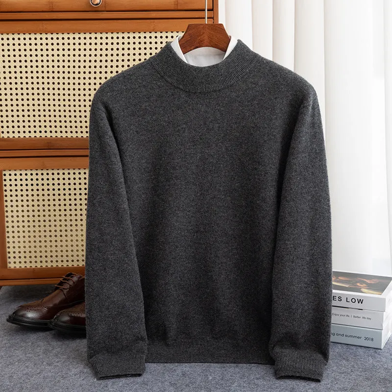 Men's loose-fit half-collar wool sweater in coarse knit yarn, shown in a camel colour.