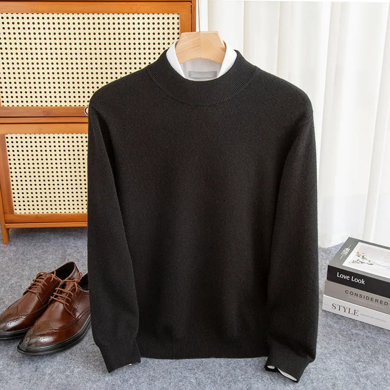 Men's loose-fit half-collar wool sweater in coarse knit yarn, shown in a camel colour.
