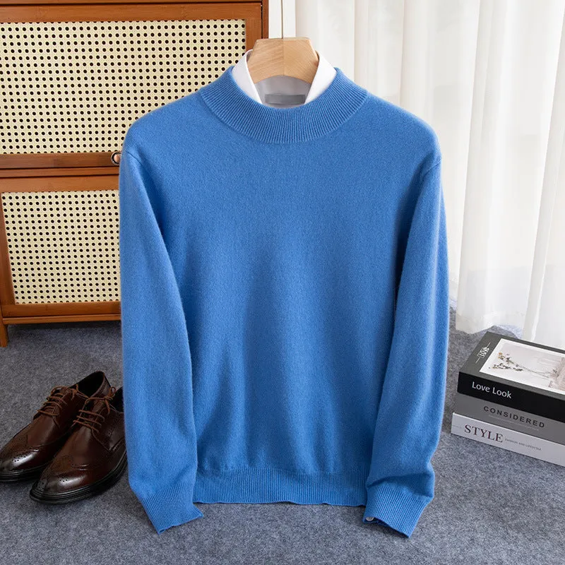 Men's loose-fit half-collar wool sweater in coarse knit yarn, shown in a camel colour.
