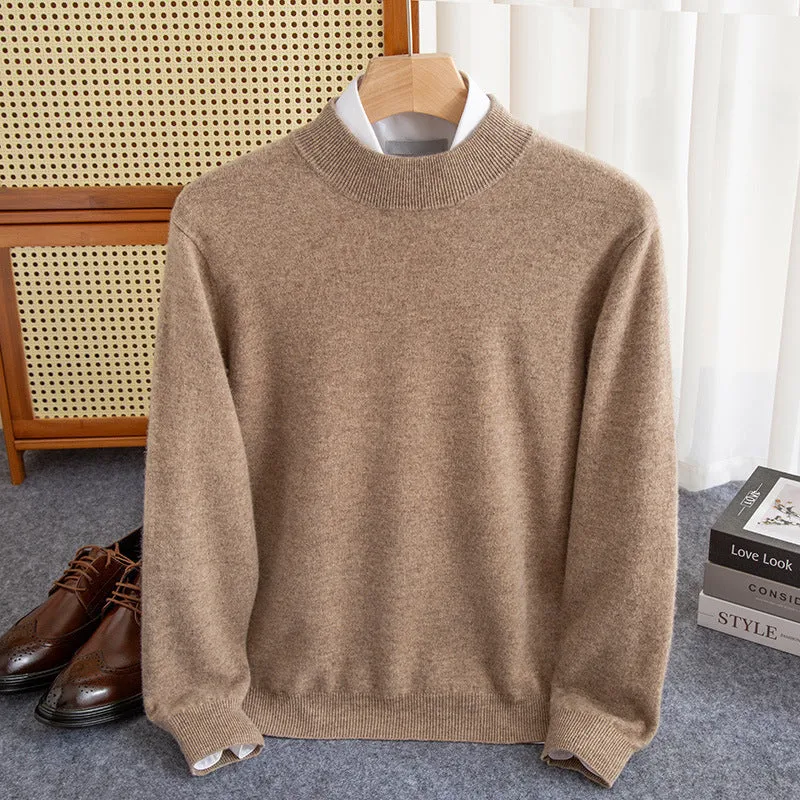 Men's loose-fit half-collar wool sweater in coarse knit yarn, shown in a camel colour.