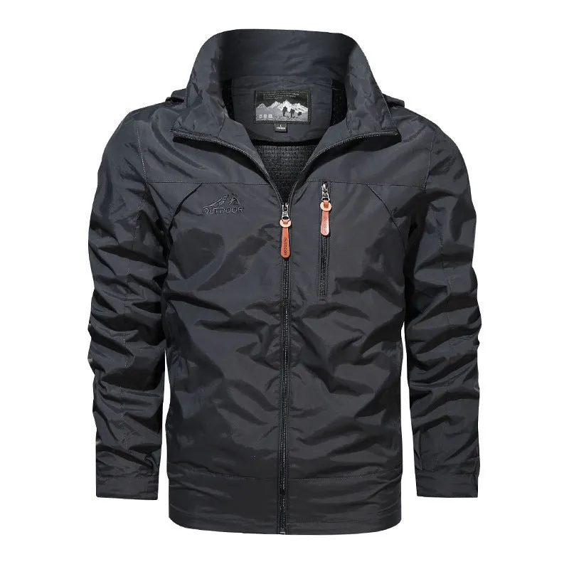 Men's plus size nylon hooded jacket in army green with stand-up collar and zip front