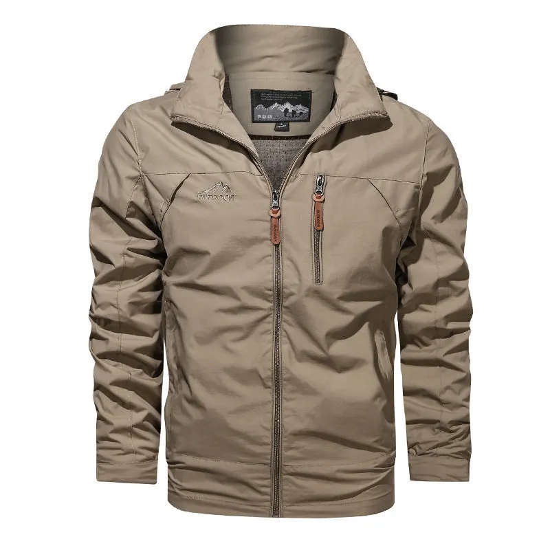 Men's plus size nylon hooded jacket in army green with stand-up collar and zip front