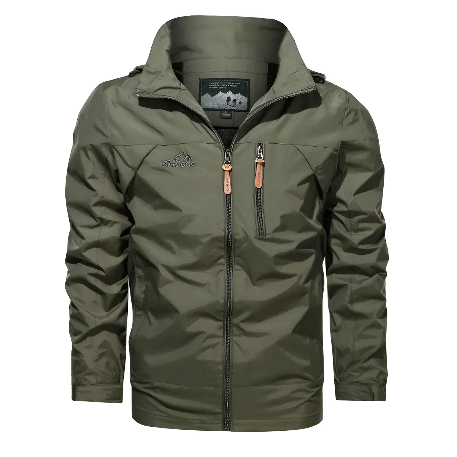 Men's plus size nylon hooded jacket in army green with stand-up collar and zip front