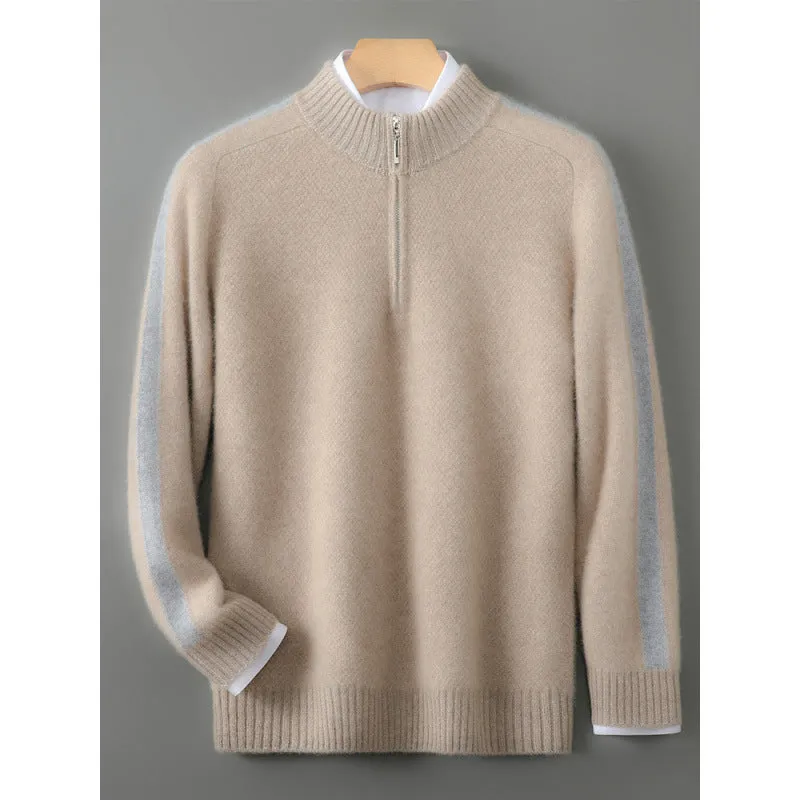 Plus-size slim fit sheep wool sweater with a half-height zip round neck in pea green colour