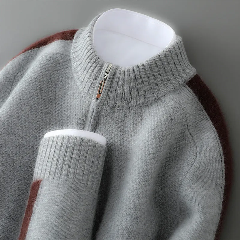 Plus-size slim fit sheep wool sweater with a half-height zip round neck in pea green colour