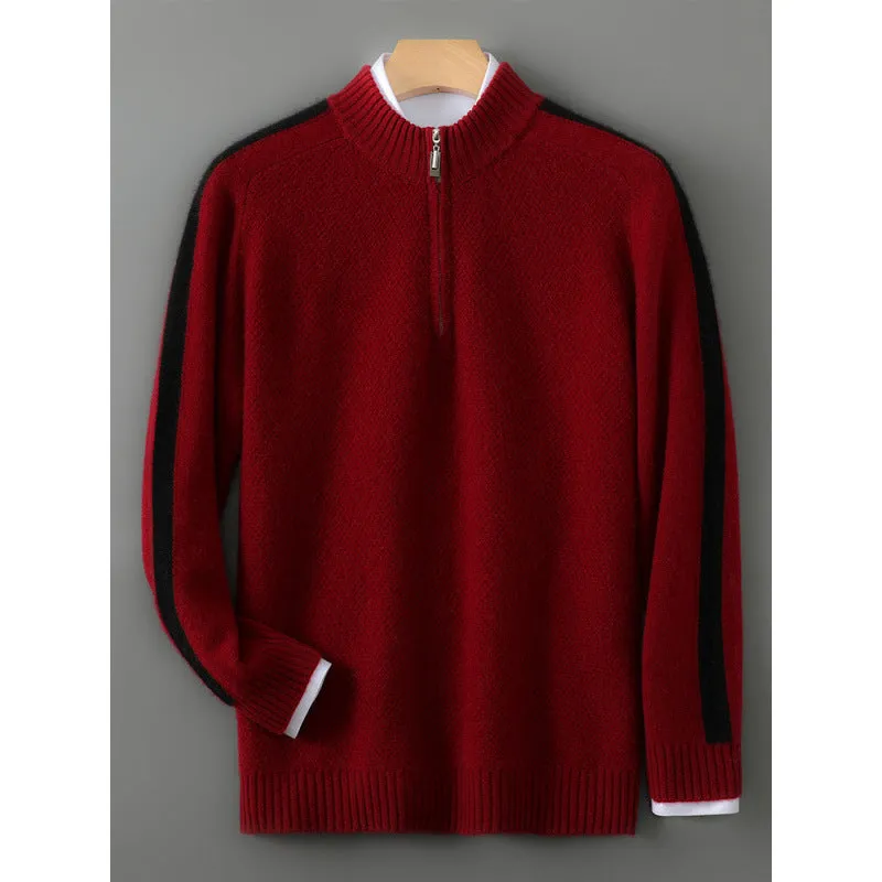 Plus-size slim fit sheep wool sweater with a half-height zip round neck in pea green colour
