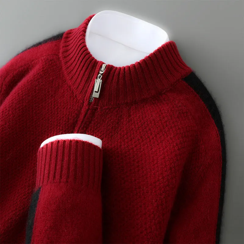 Plus-size slim fit sheep wool sweater with a half-height zip round neck in pea green colour