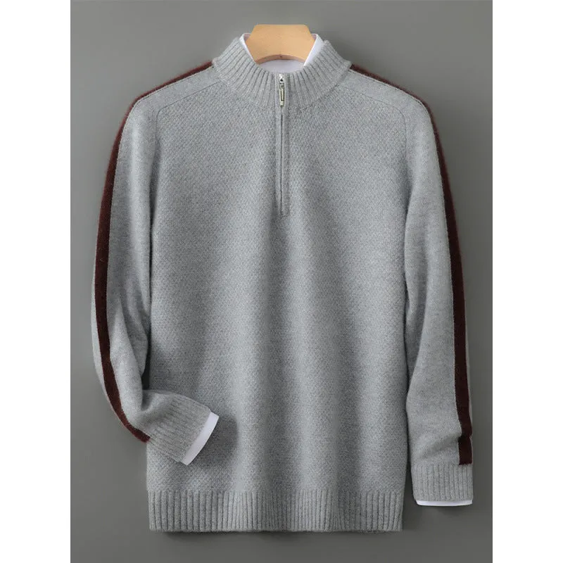 Plus-size slim fit sheep wool sweater with a half-height zip round neck in pea green colour