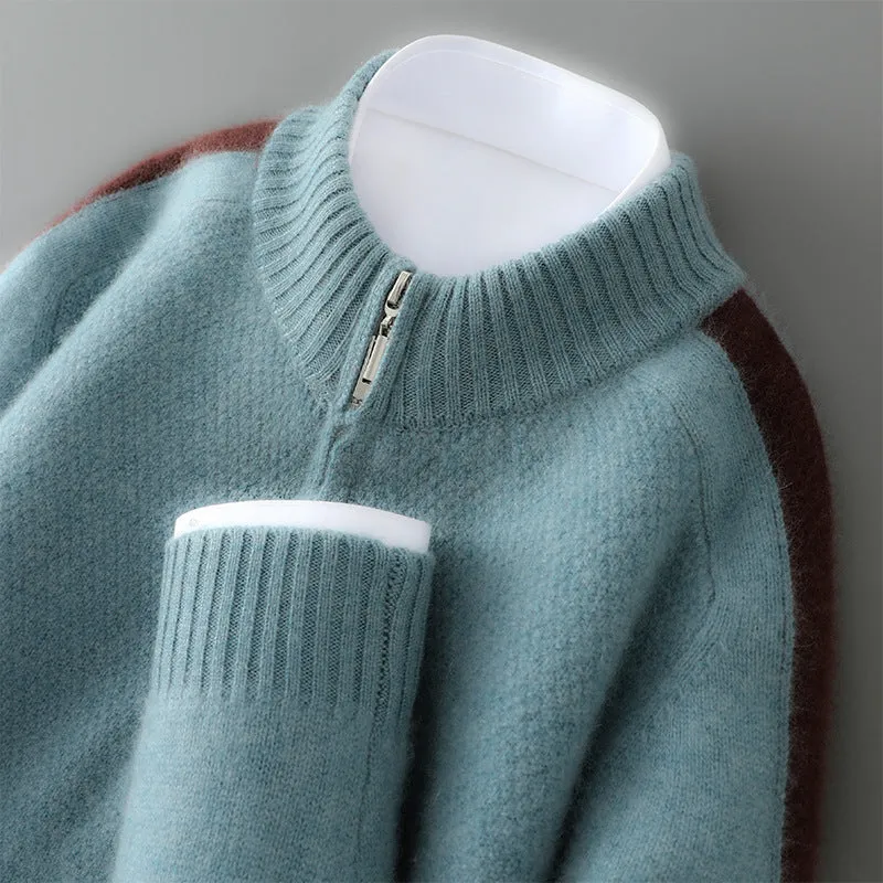 Plus-size slim fit sheep wool sweater with a half-height zip round neck in pea green colour