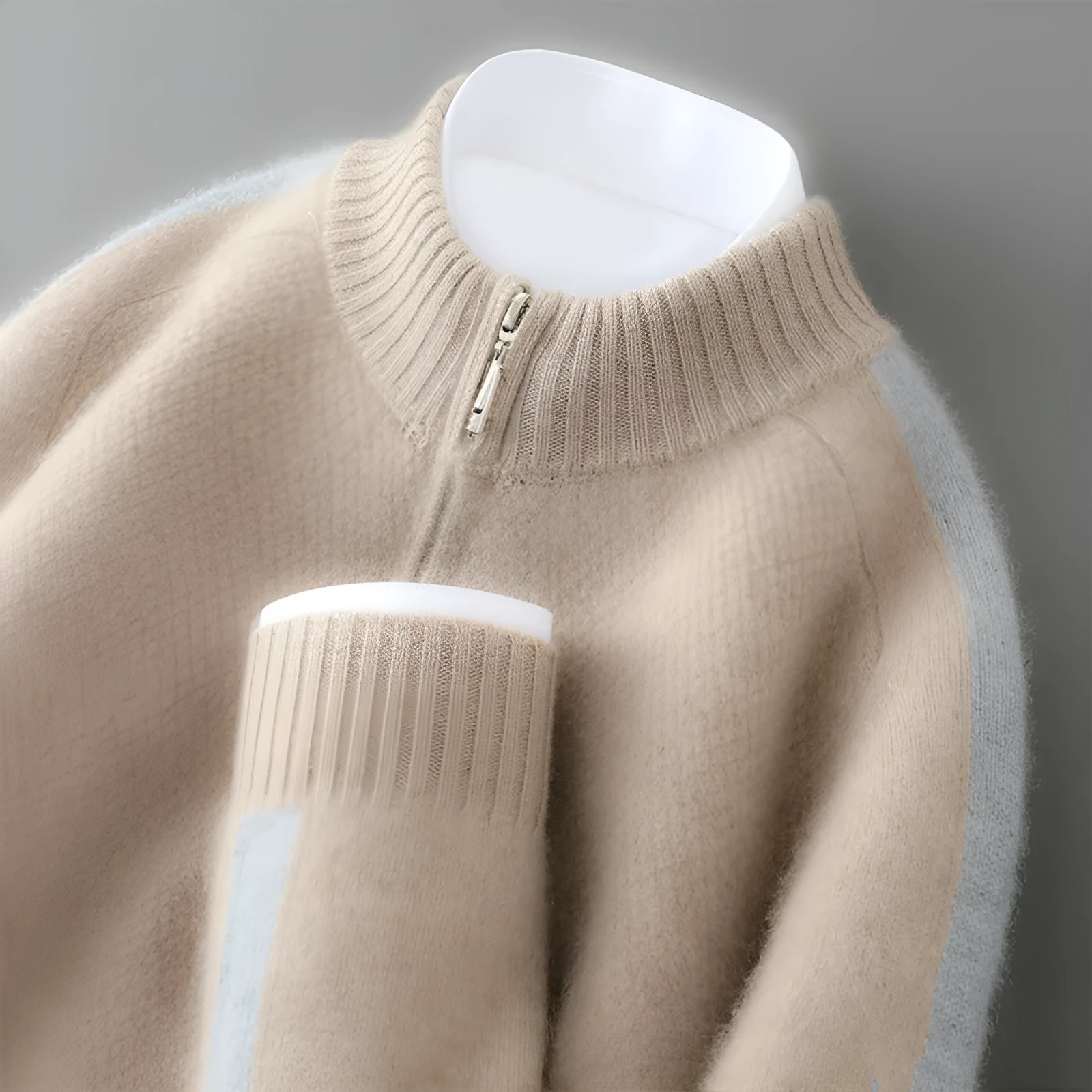 Plus-size slim fit sheep wool sweater with a half-height zip round neck in pea green colour