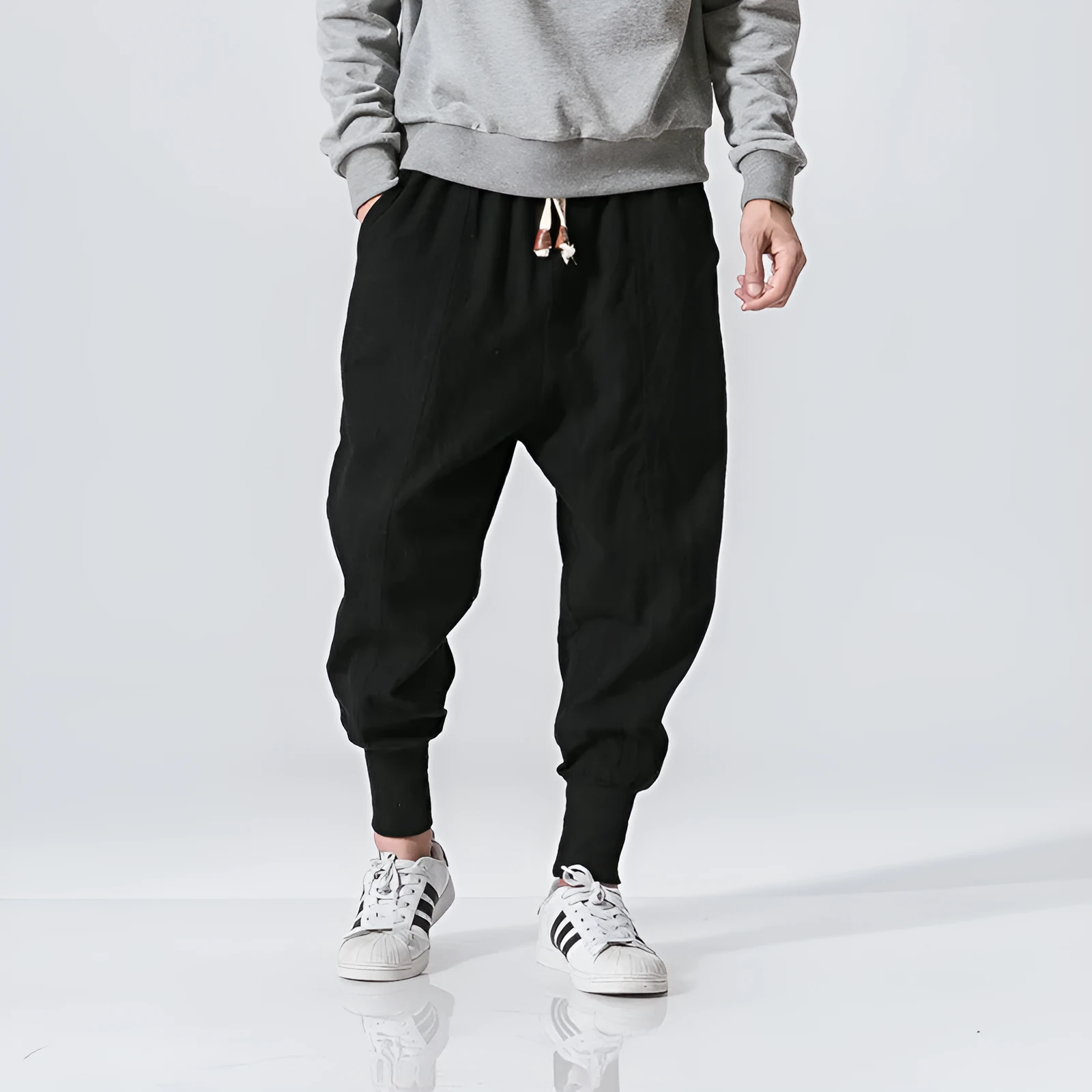 Men's Chinese style harem pants in black, linen blend fabric, loose fit ankle length, casual summer streetwear