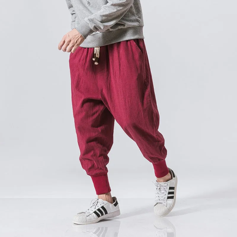 Men's Chinese style harem pants in black, linen blend fabric, loose fit ankle length, casual summer streetwear