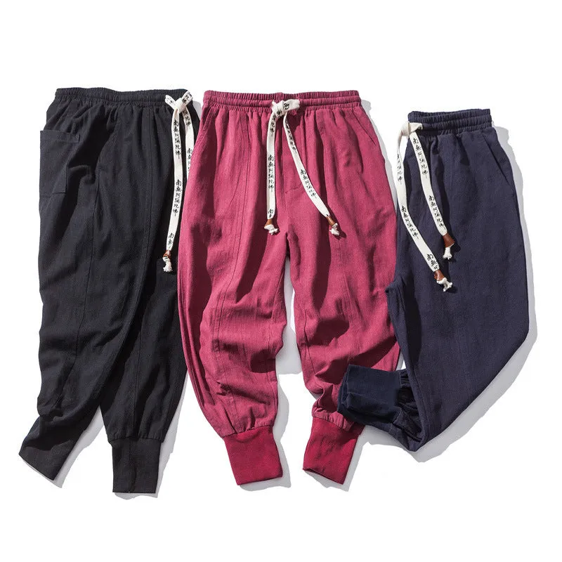 Men's Chinese style harem pants in black, linen blend fabric, loose fit ankle length, casual summer streetwear